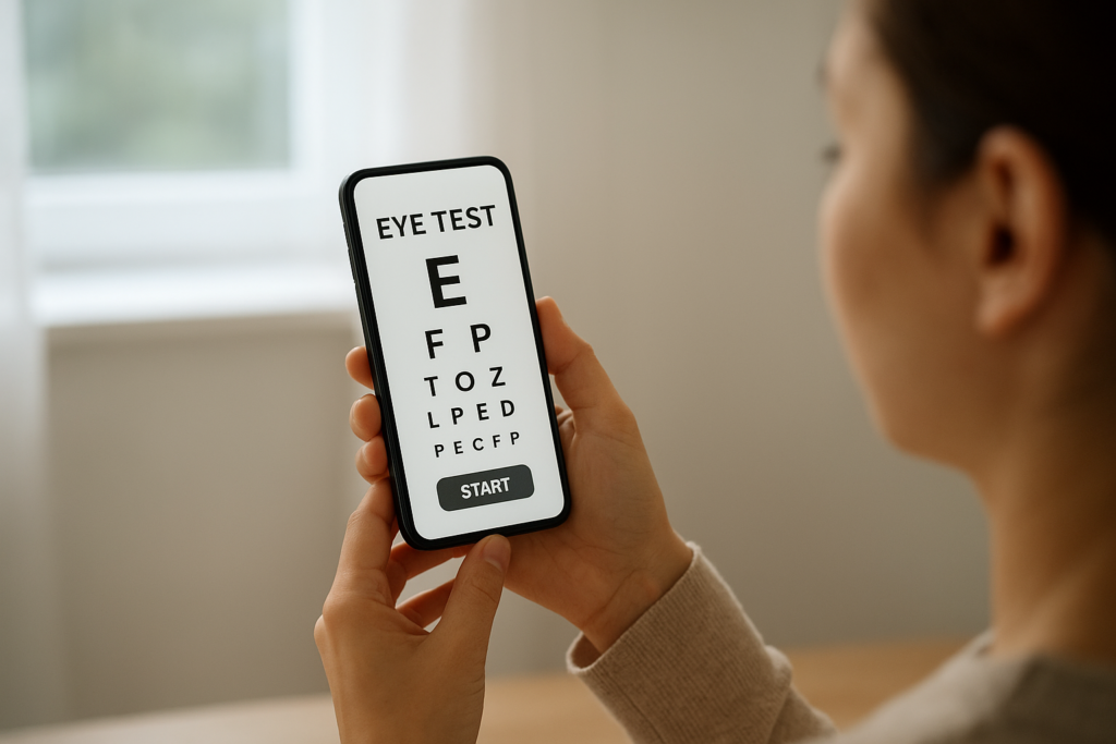 Person taking a digital eye test using a smartphone app, representing teleoptometry and remote eye care.