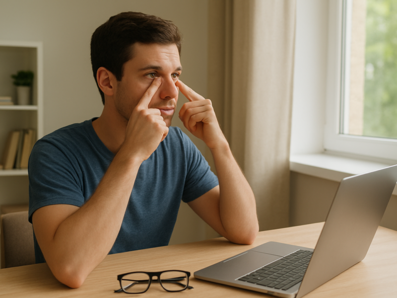 Person practicing natural eye exercises by looking outside to reduce eye strain