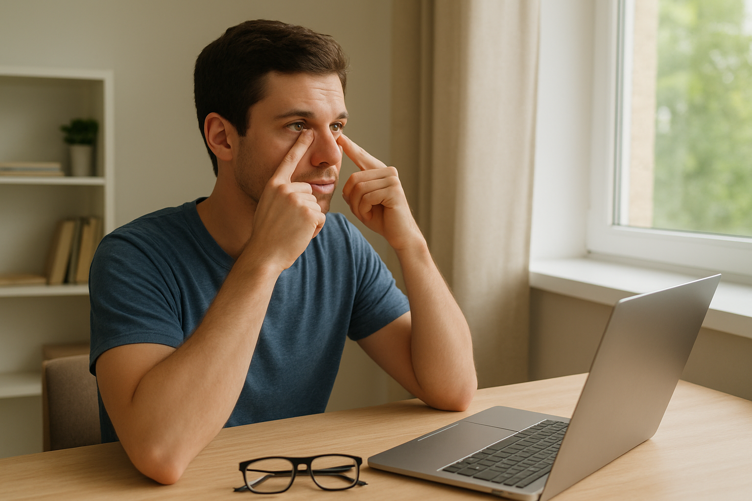 Person practicing natural eye exercises by looking outside to reduce eye strain