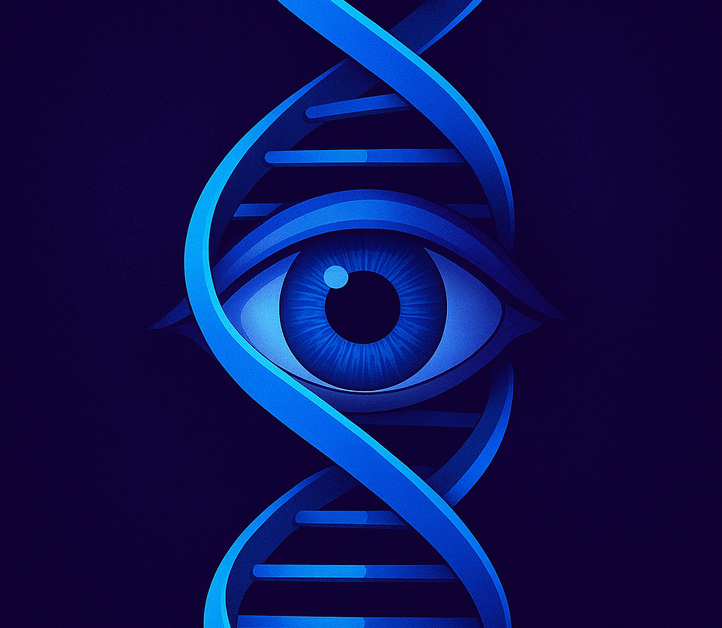 Graphic illustrating the connection between the DNA helix and the retina, key to understanding inherited eye diseases and genetic testing protocols.