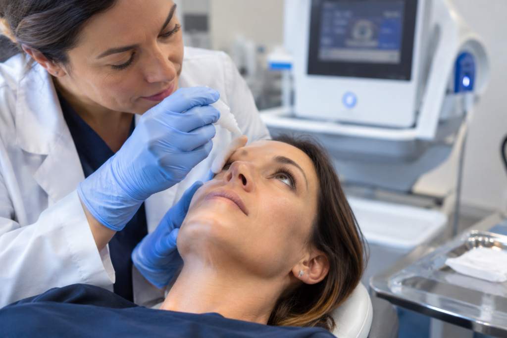 Doctor applying eye drops before LipiFlow or TearCare treatment.