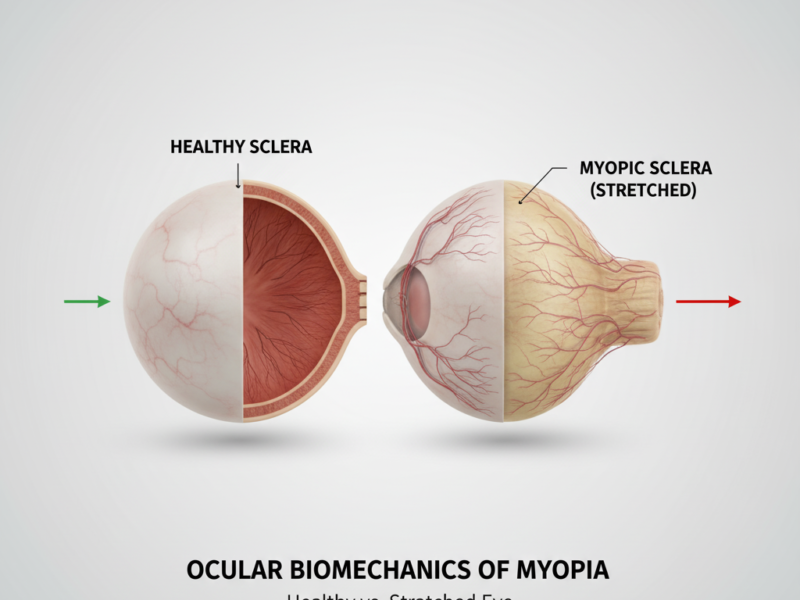Scientific diagram contrasting a healthy human eye with a myopic, axially elongated eye, clearly showing the stretched sclera. Illustrates the core concept of **Ocular Biomechanics of Myopia** progression.