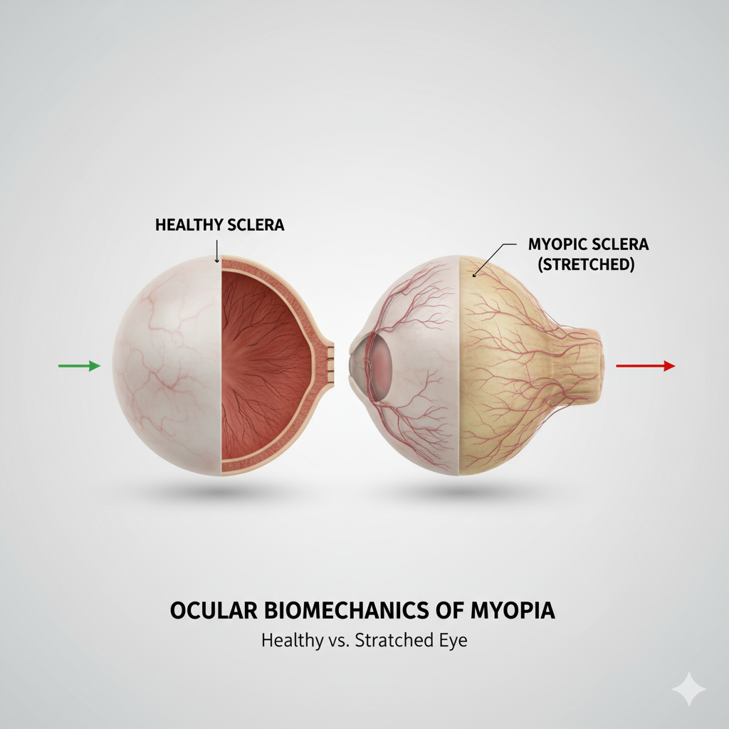 Scientific diagram contrasting a healthy human eye with a myopic, axially elongated eye, clearly showing the stretched sclera. Illustrates the core concept of **Ocular Biomechanics of Myopia** progression.