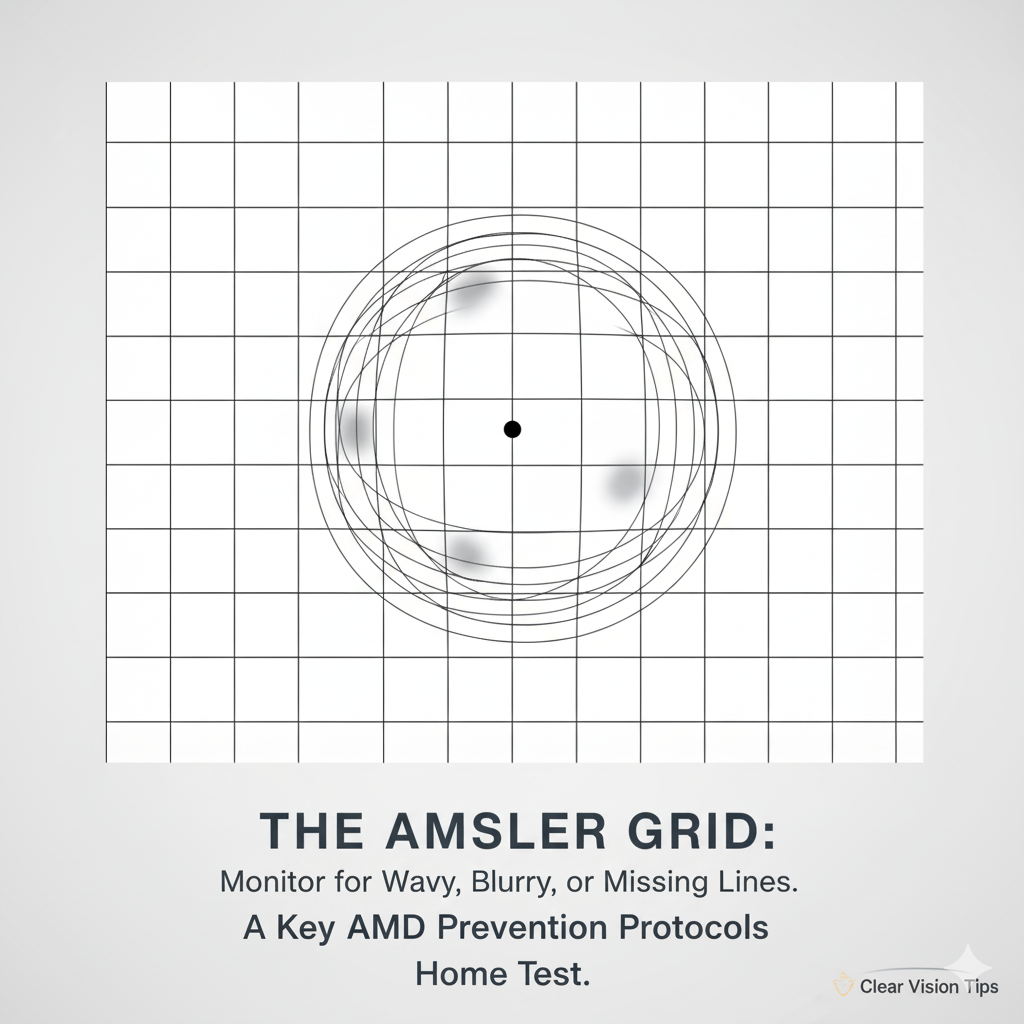 Patient view of an Amsler grid showing distorted lines, used as a critical home monitoring tool within AMD Prevention Protocols.