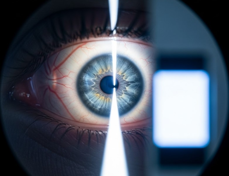 Glaucoma and screen use shown through a slit-lamp eye exam with digital device glare in the background.”