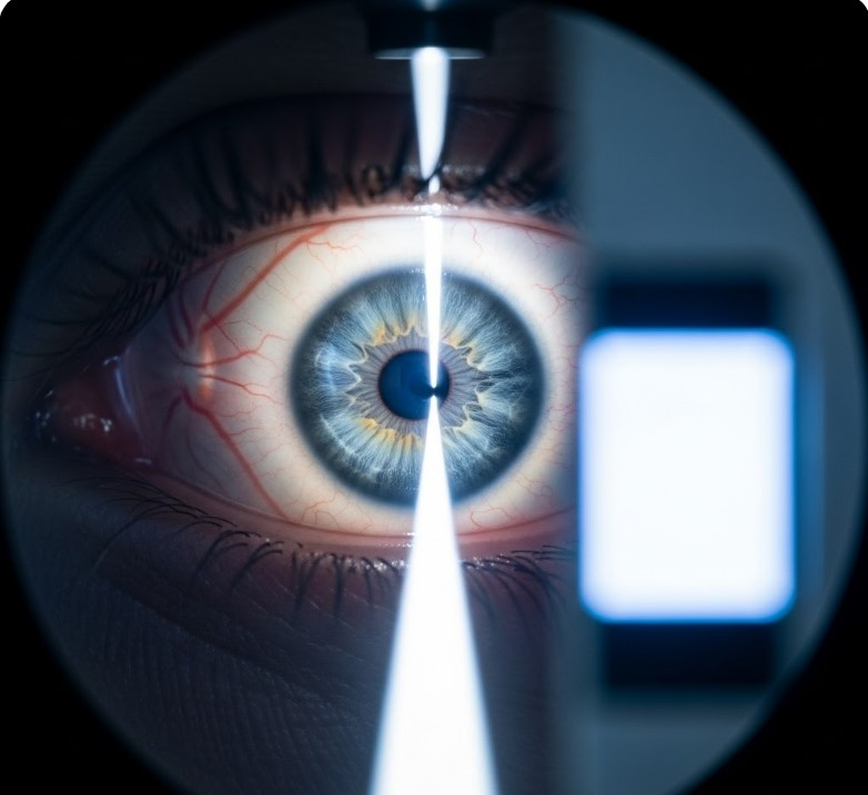 Glaucoma and screen use shown through a slit-lamp eye exam with digital device glare in the background.”