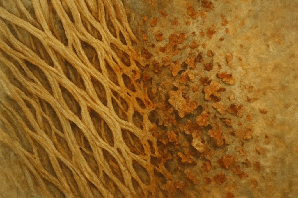 Microscopic representation of degraded collagen and the Extracellular Matrix, highlighting tissue weakness in the Ocular Biomechanics of Myopia.