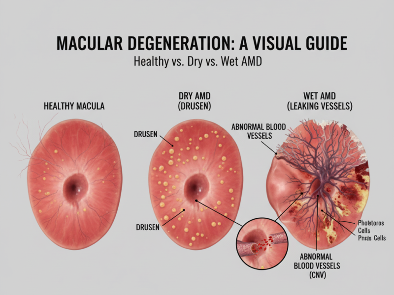 Comparison of a healthy macula to one affected by drusen and choroidal neovascularization, emphasizing the importance of AMD Prevention Protocols.
