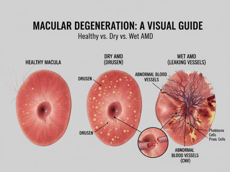 Comparison of a healthy macula to one affected by drusen and choroidal neovascularization, emphasizing the importance of AMD Prevention Protocols.