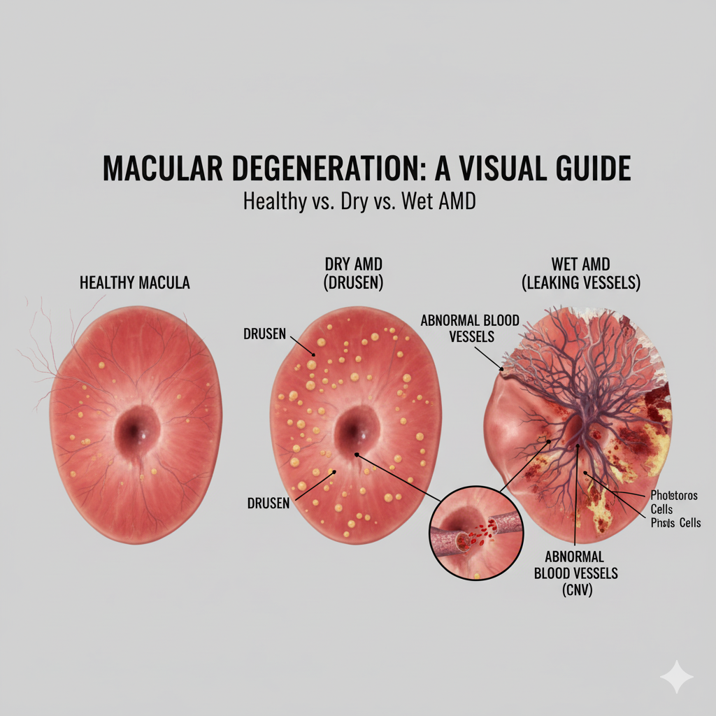 Comparison of a healthy macula to one affected by drusen and choroidal neovascularization, emphasizing the importance of AMD Prevention Protocols.