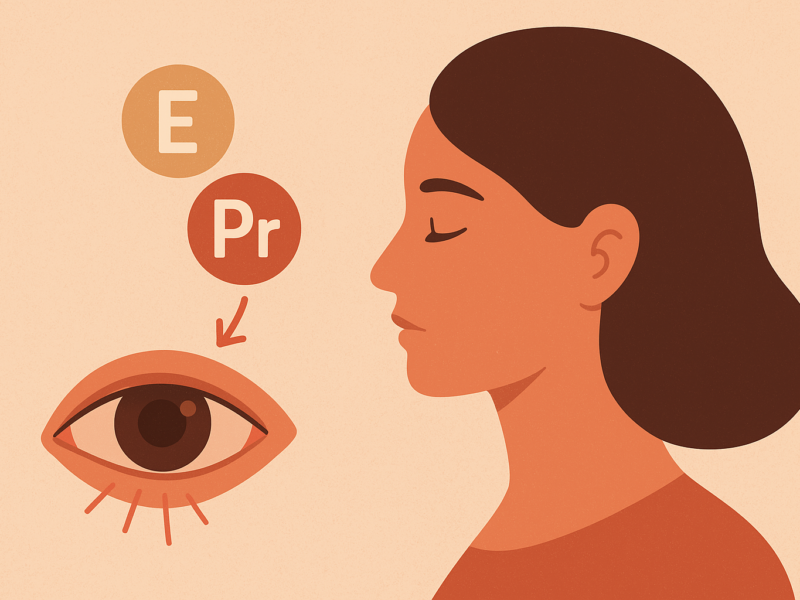 Illustration linking female hormonal changes and vision issues, such as dry eye syndrome often experienced during menopause and pregnancy.