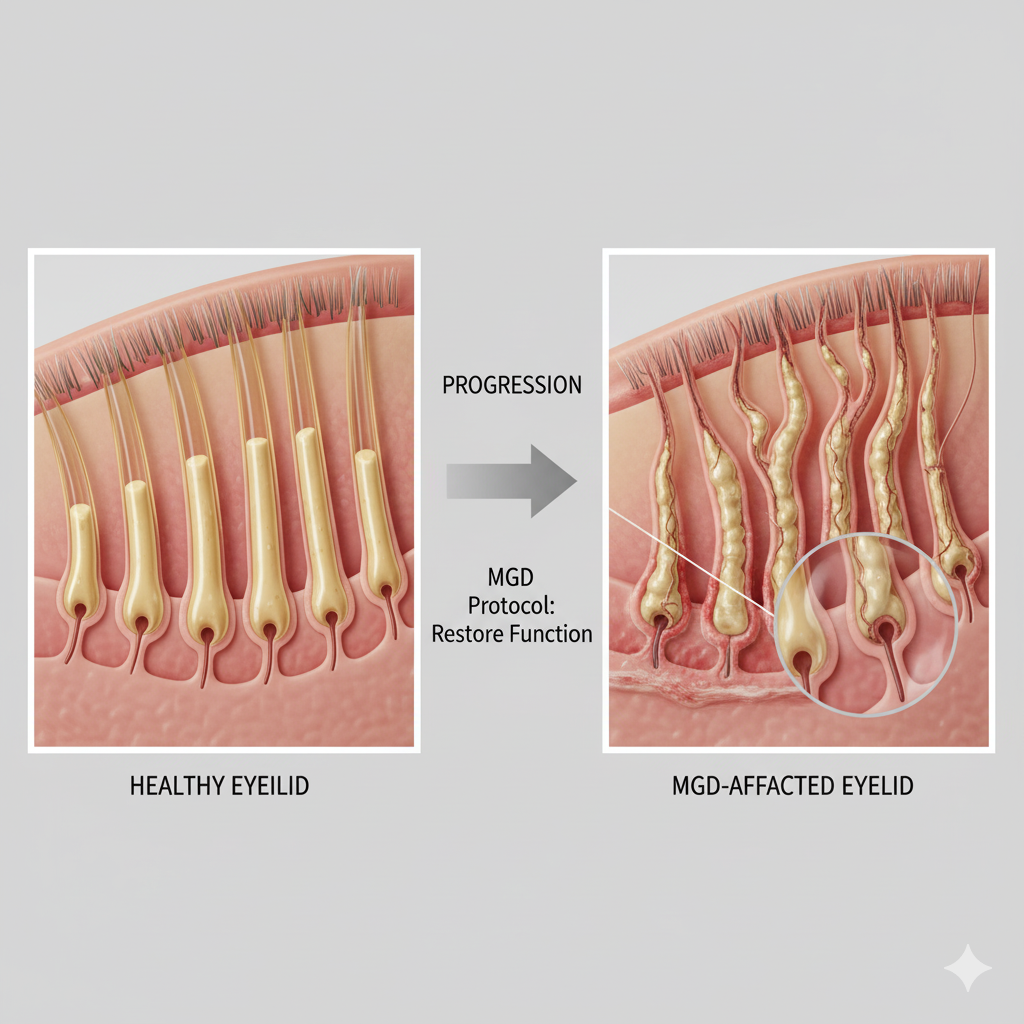 Comparison of a healthy eyelid cross-section with clear Meibomian Glands versus an MGD-affected lid with blocked and atrophied glands, illustrating the vital need for the MGD Protocol.