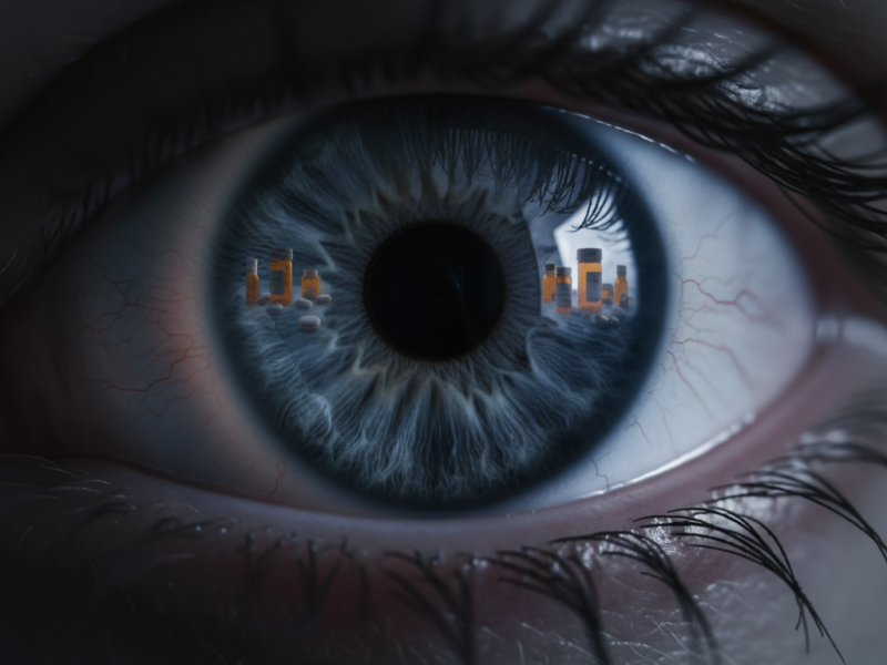 Hero image illustrating a large human eye reflecting prescription medication, symbolizing the critical ocular side effects of common drugs and the necessity of regular vision monitoring.