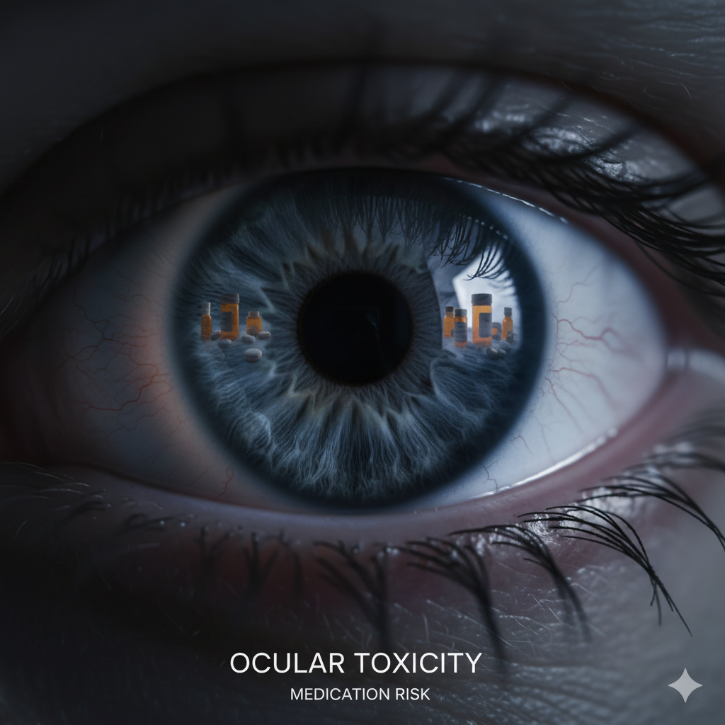 Hero image illustrating a large human eye reflecting prescription medication, symbolizing the critical ocular side effects of common drugs and the necessity of regular vision monitoring.