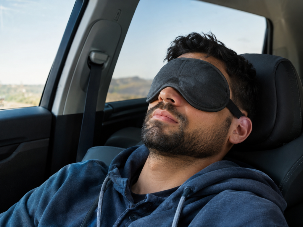 Using a heated eye device for driving eye strain relief and corneal hydration after long drives.