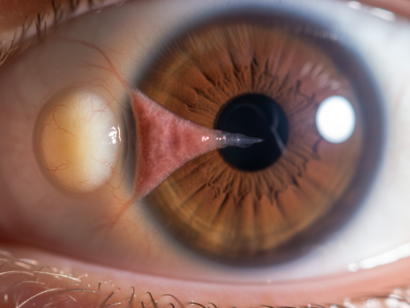 Clear clinical view showing both Pinguecula (yellow deposit) and Pterygium (fleshy growth over the cornea), distinguishing the two conditions for Pterygium and Pinguecula Biohacking.
