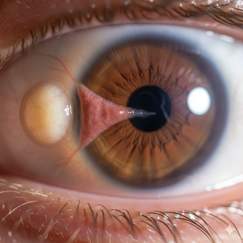 Clear clinical view showing both Pinguecula (yellow deposit) and Pterygium (fleshy growth over the cornea), distinguishing the two conditions for Pterygium and Pinguecula Biohacking.