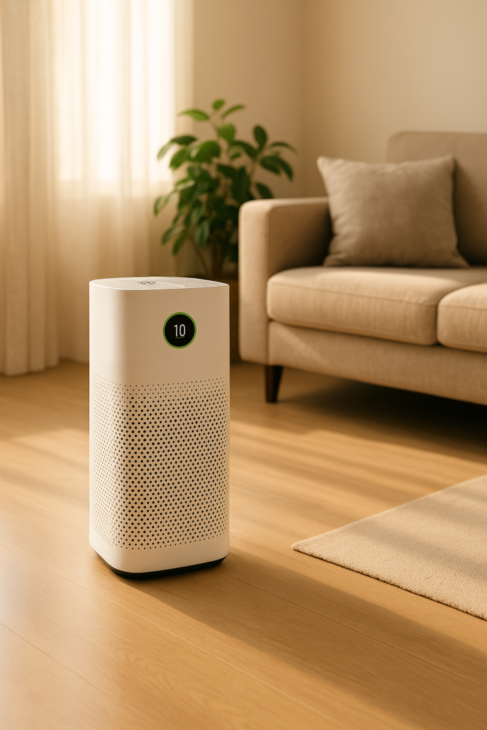 Modern HEPA air purifier running in a living room with subtle sunlight, illustrating environmental control for allergy prevention.