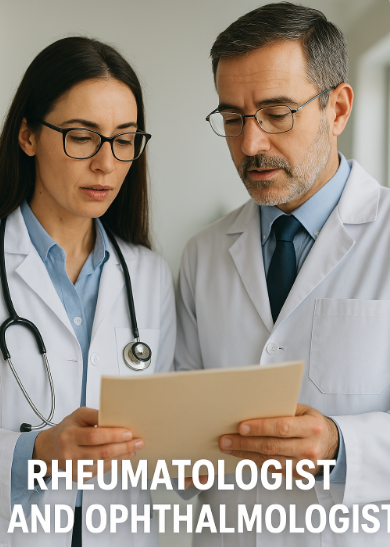 Rheumatologist and Ophthalmologist discussing a patient's chart, symbolizing interdisciplinary care for RA eye complications.