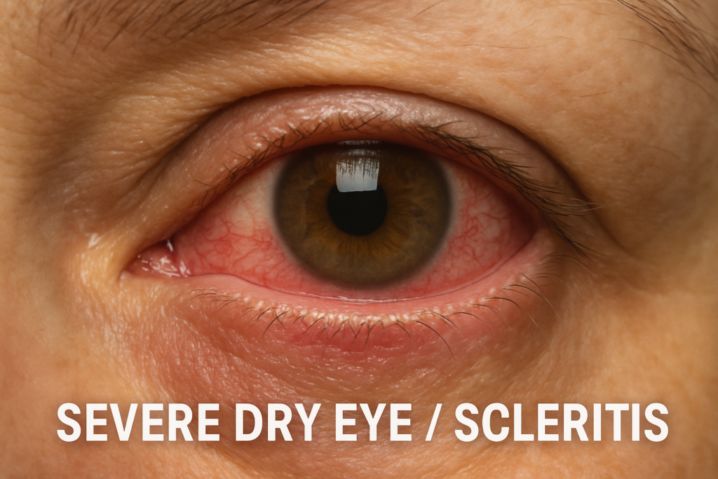 Severe Dry Eye / Scleritis: A close-up of an inflamed eye with dry patches or redness, linked to RA.