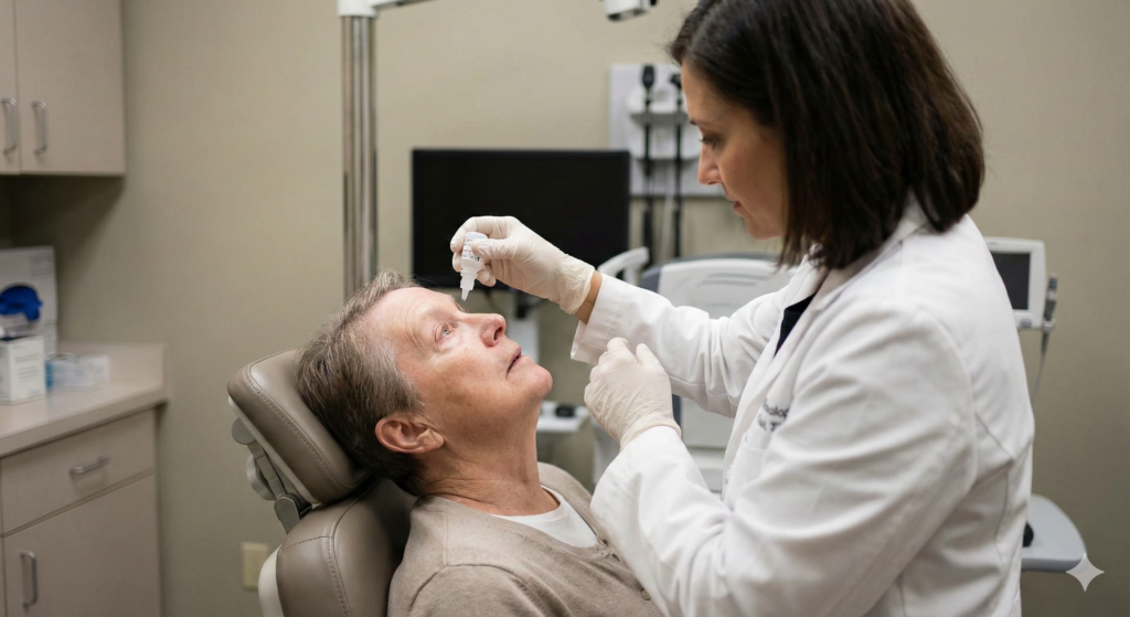 Doctor applying eye drops before LipiFlow or TearCare treatment.