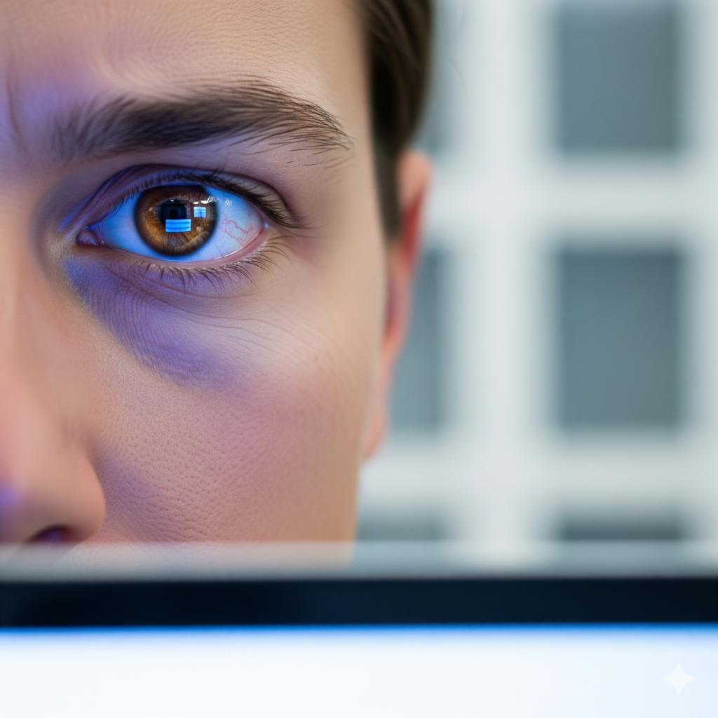 Eye pressure changes during screen use shown through light reflection in the eye