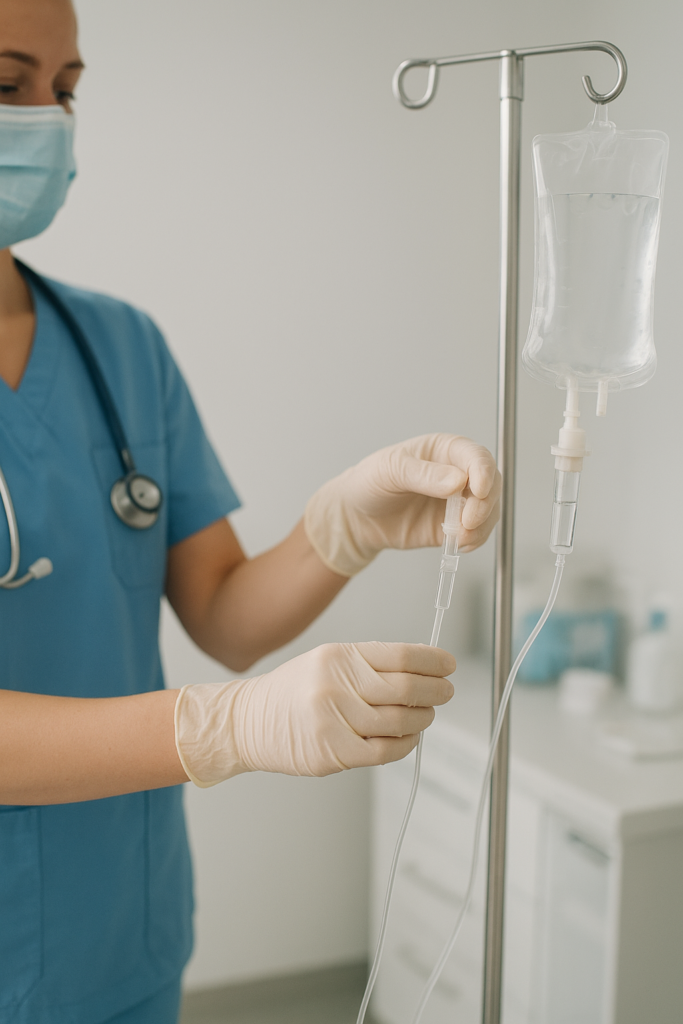 Intravenous (IV) infusion preparation, representing the delivery method for key Thyroid Eye Disease Treatment medications like Teprotumumab (Tepezza).