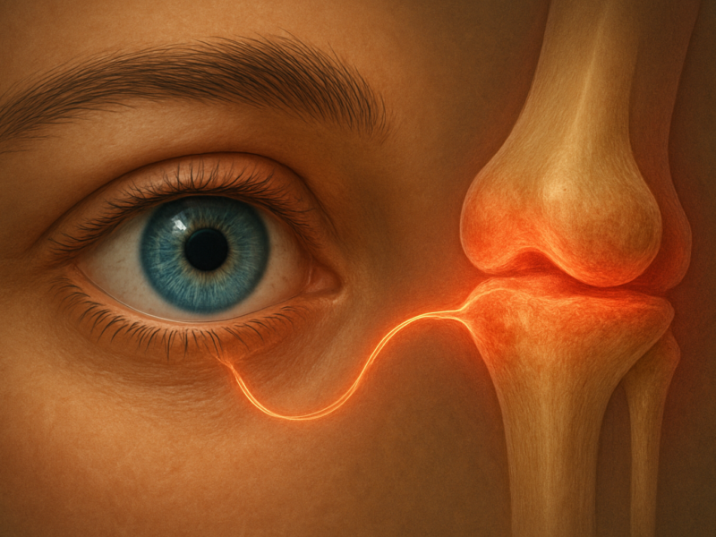Rheumatoid Arthritis and Eye Health Visualizing the Systemic-Ocular Link: An eye with a subtle link to an inflamed joint.