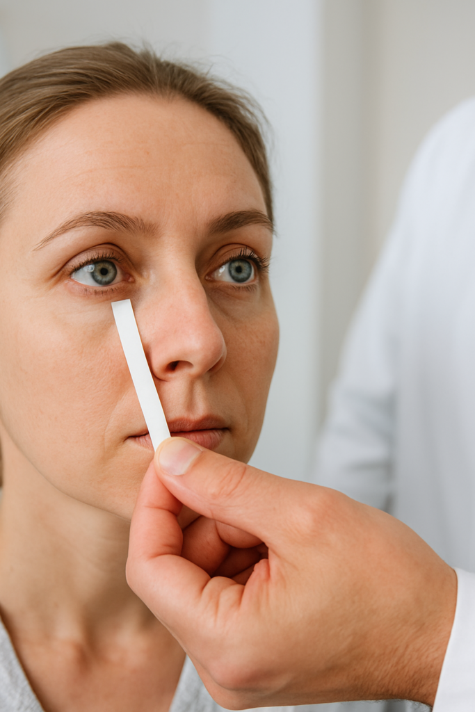 Ophthalmologist performing the Schirmer's test, a key diagnostic procedure for severe chronic Sjögren's Syndrome and Dry Eye.