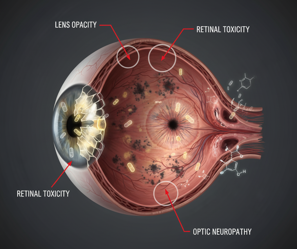 Visualizing Ocular Drug Toxicity—The effect of medication on different parts of the eye: retina, lens, optic nerve.