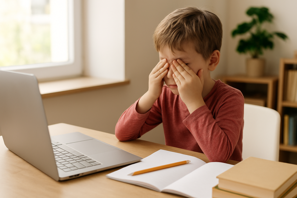 A tired child rubbing eyes while studying at a desk, illustrating digital eye strain.
