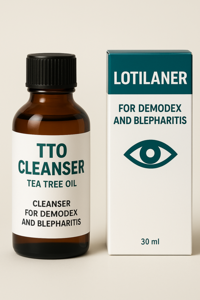 Topical treatments for advanced Blepharitis, including Lotilaner (XDEMVY) and TTO cleanser, symbolizing modern solutions used in the advanced MGD Protocol to eradicate Demodex mites.