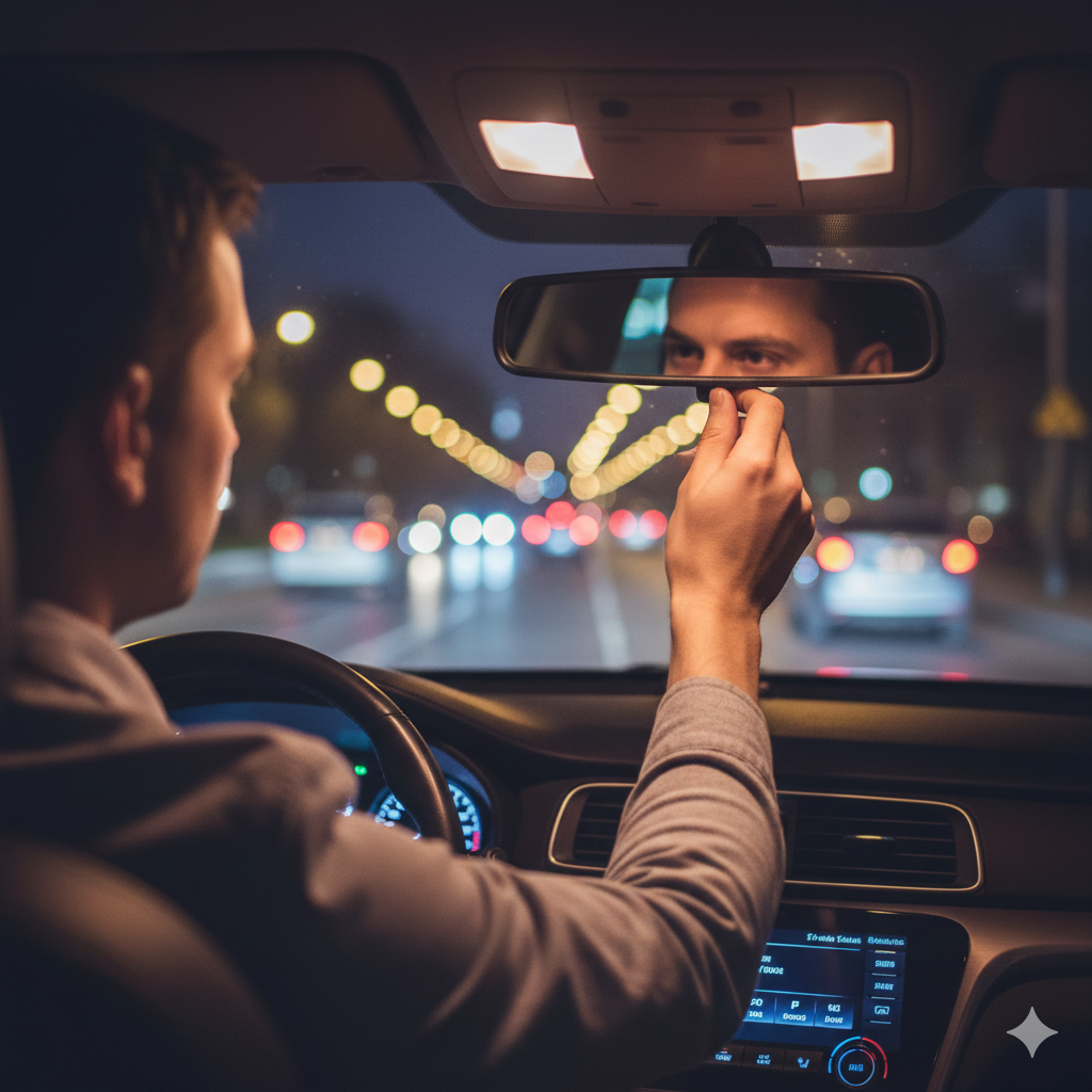 Driver reducing driving eye strain by adjusting anti-glare rearview mirror at night
