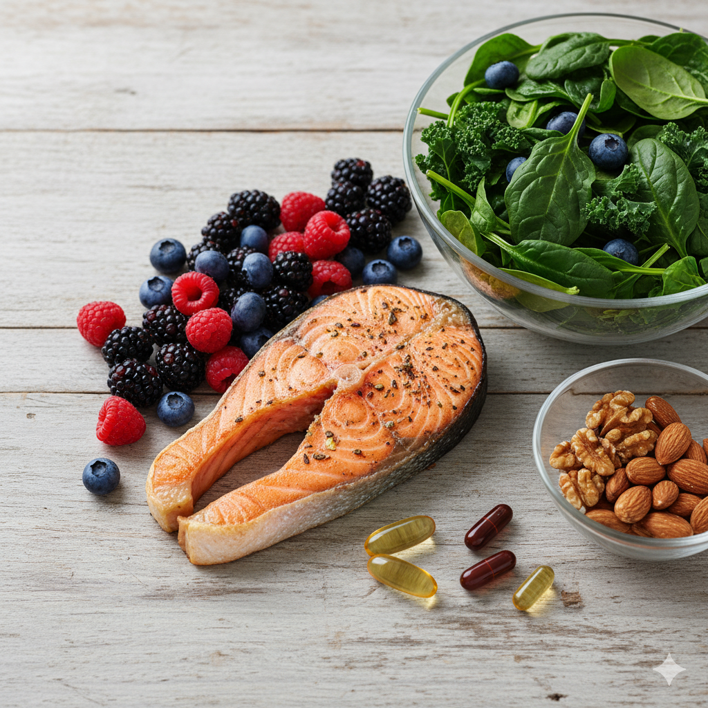 Flat lay of anti-inflammatory foods (dark leafy greens, wild salmon, berries) and supplements, symbolizing the nutritional foundation of Pterygium and Pinguecula Biohacking protocols.