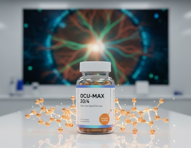 Premium bottle of best eye vitamins and supplements with glowing molecular structures of Lutein and Zeaxanthin.
