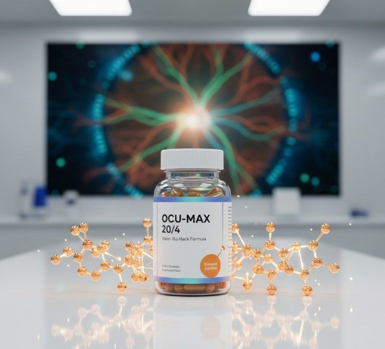Premium bottle of best eye vitamins and supplements with glowing molecular structures of Lutein and Zeaxanthin.