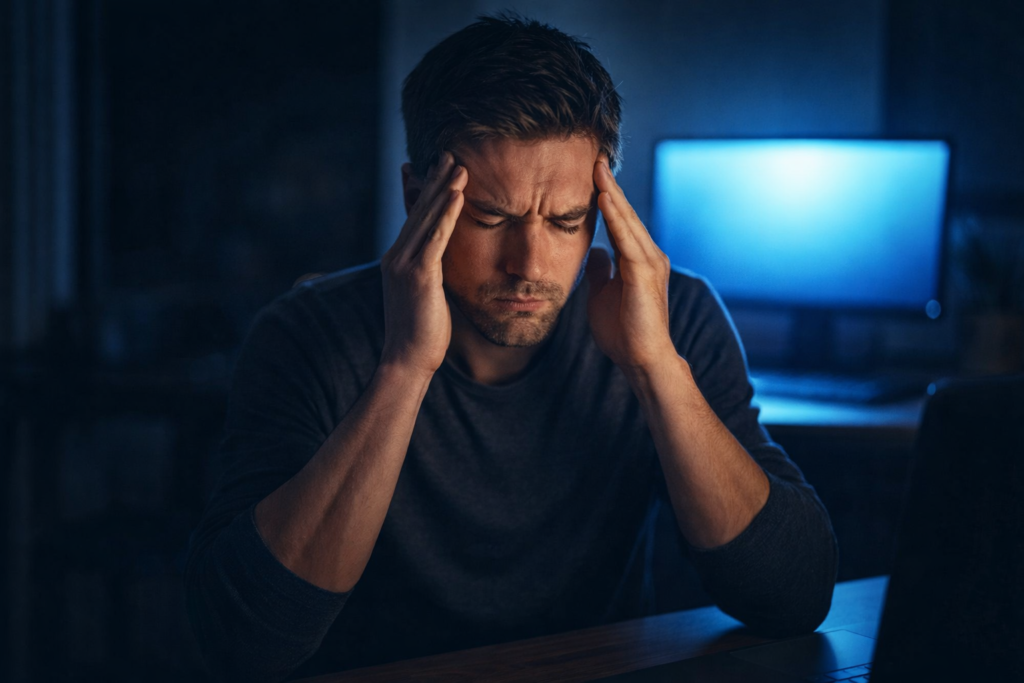 Illustrating digital eye strain and temple pressure as a cause of eye pain without redness.