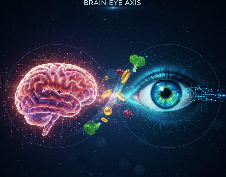 Abstract diagram of the Brain-Eye Axis connection, highlighting the link between Ocular Nutrition and Cognitive Performance.