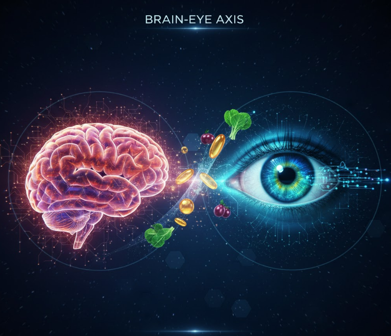 Abstract diagram of the Brain-Eye Axis connection, highlighting the link between Ocular Nutrition and Cognitive Performance.