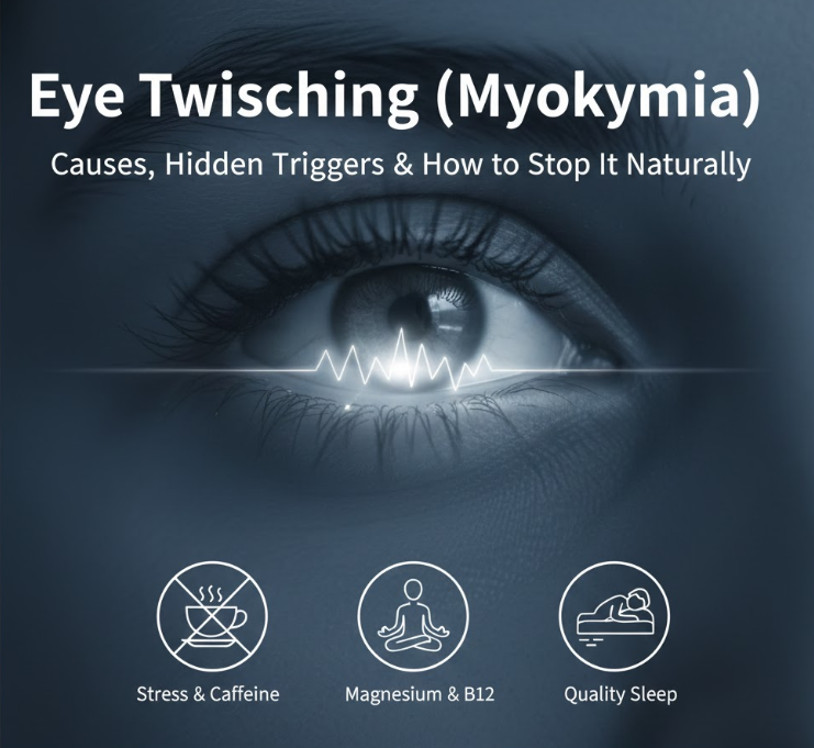 Close-up photo of an irritated eye experiencing involuntary muscle spasms, illustrating the common symptom of eyelid eye twitching (myokymia) often caused by stress or fatigue.
