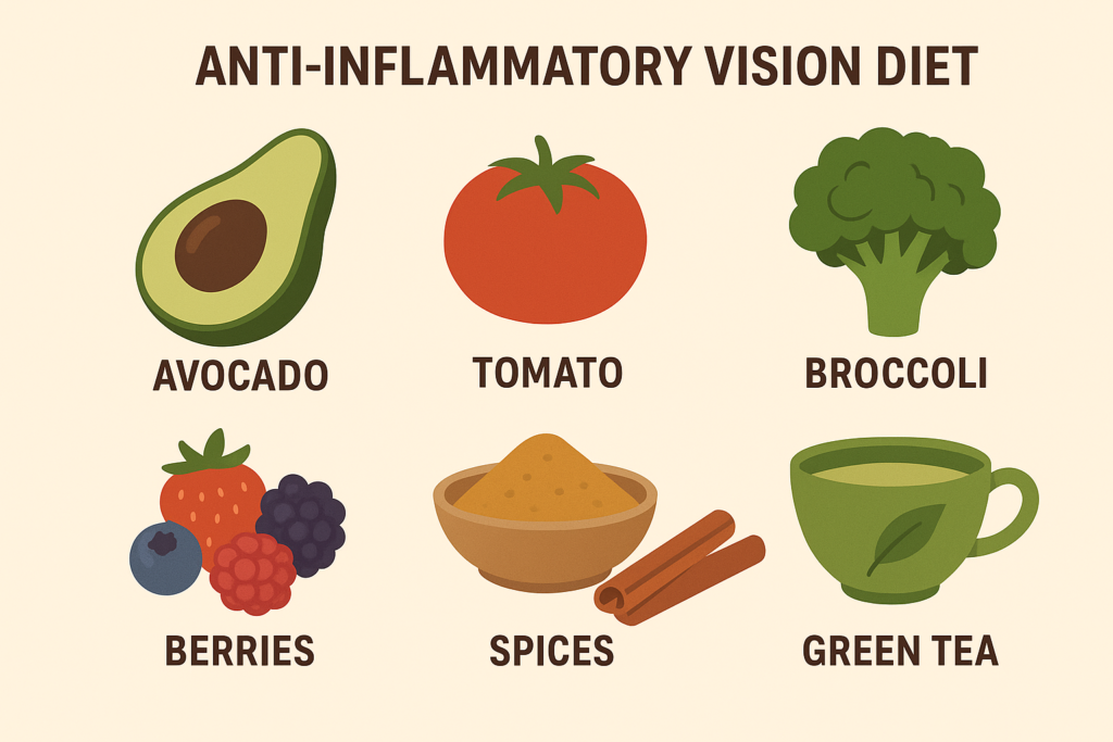 A collage of anti-inflammatory foods (dark leafy greens, wild fish, blueberries, turmeric) that form the core of the diet protocol for Systemic Inflammation Eye Health.