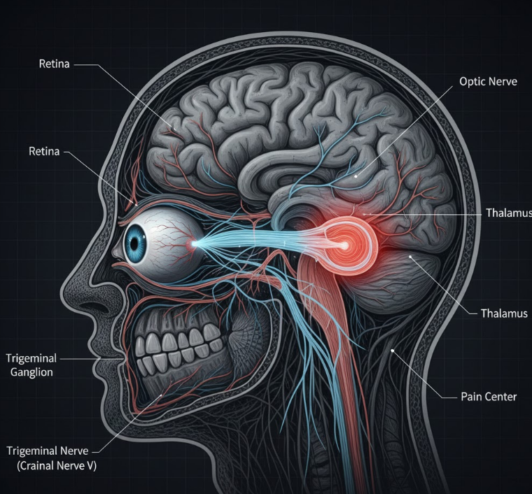 Medical diagram of trigeminal nerve pathways in light sensitivity photophobia triggers.