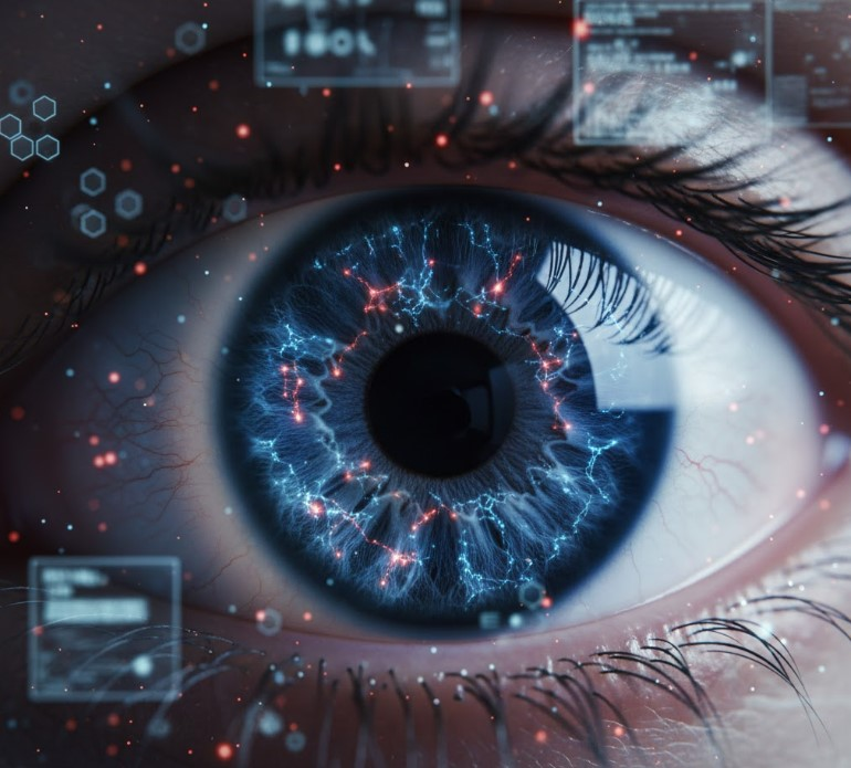 Futuristic close-up of a human eye with digital data overlays and neural patterns representing Vision Biohacking 2026 technologies.