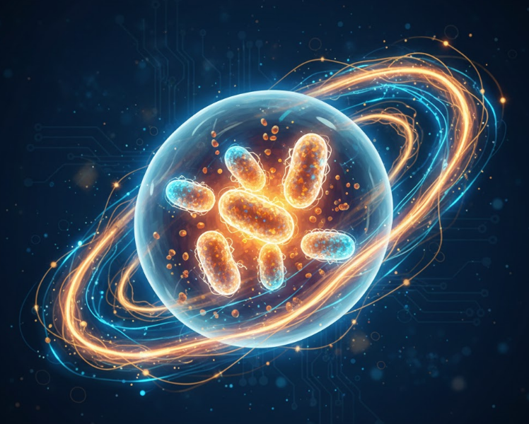 Conceptual visualization of healthy mitochondria providing energy to a photoreceptor cell, representing Mitochondrial Eye Health.