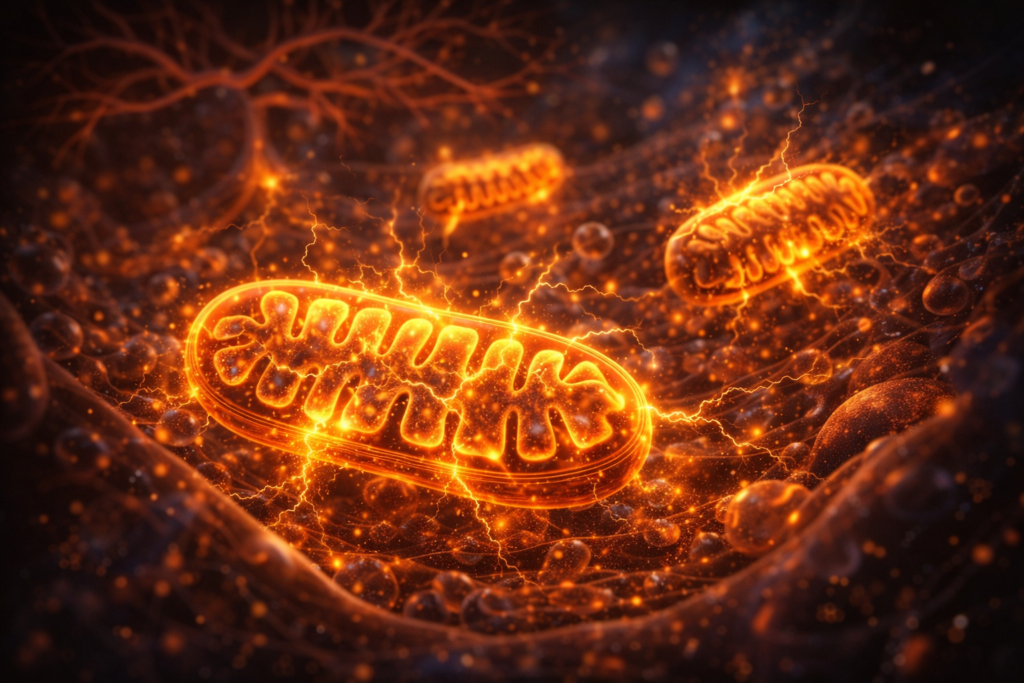 Mitochondrial energy production in retinal cells for relieving eye fatigue and heaviness.