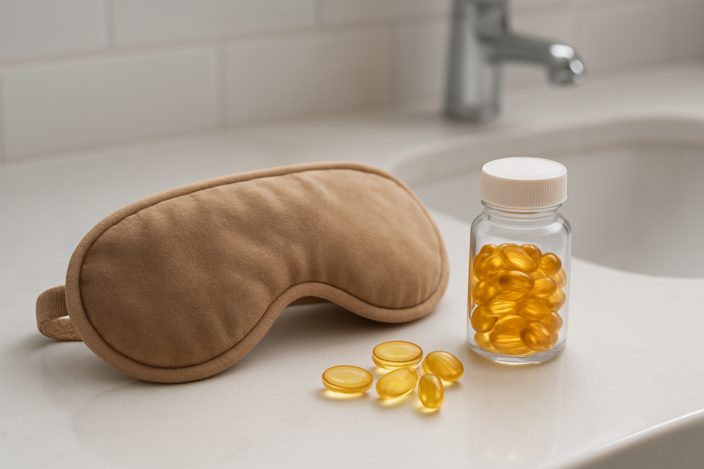 Close-up of Omega-3 capsules and a warm eye compress, symbolizing the dual strategy for eye pressure headache relief.