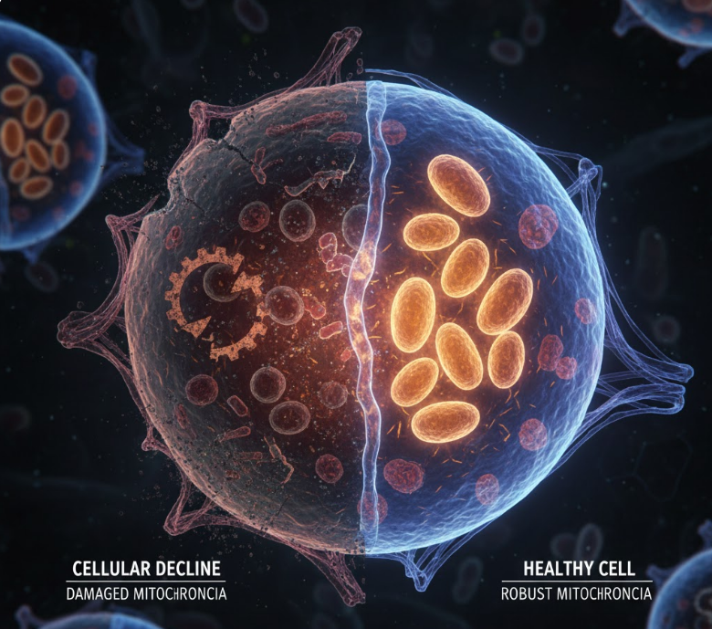 Visual representation of damaged mitochondria leading to cellular energy failure in the context of Mitochondrial Eye Health and AMD.