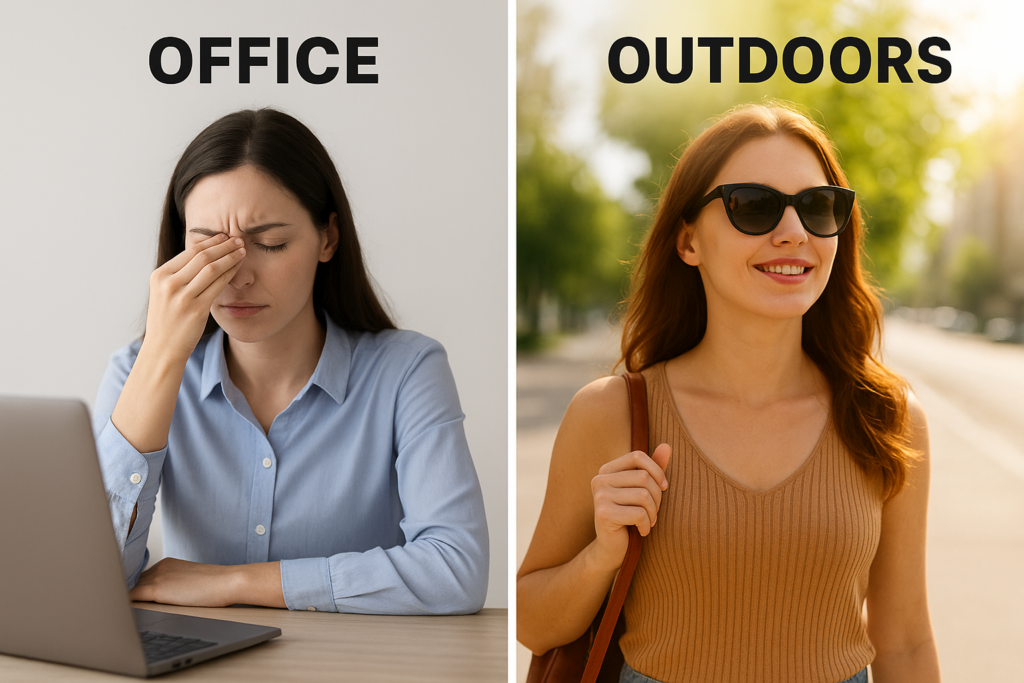 Illustration comparing the low lux levels of an office (300 lux) versus the high lux levels needed for Outdoor Light Eye Health (10,000+ lux).