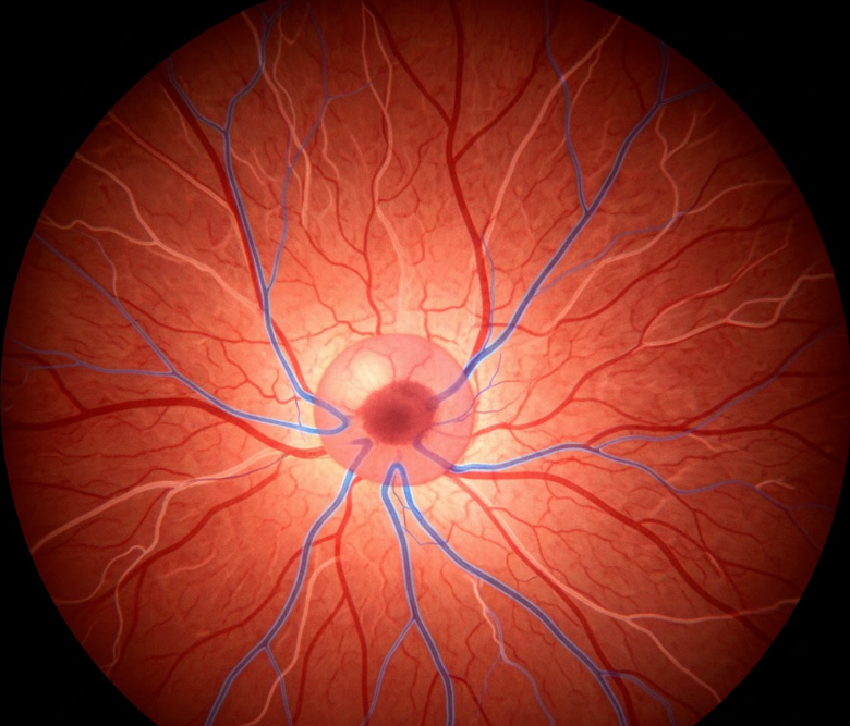 High-resolution fundus photo of the retina and optic nerve, highlighting blood vessels that serve as early biomarkers for cardiovascular and neurological diseases, confirming the Brain Health and Vision link