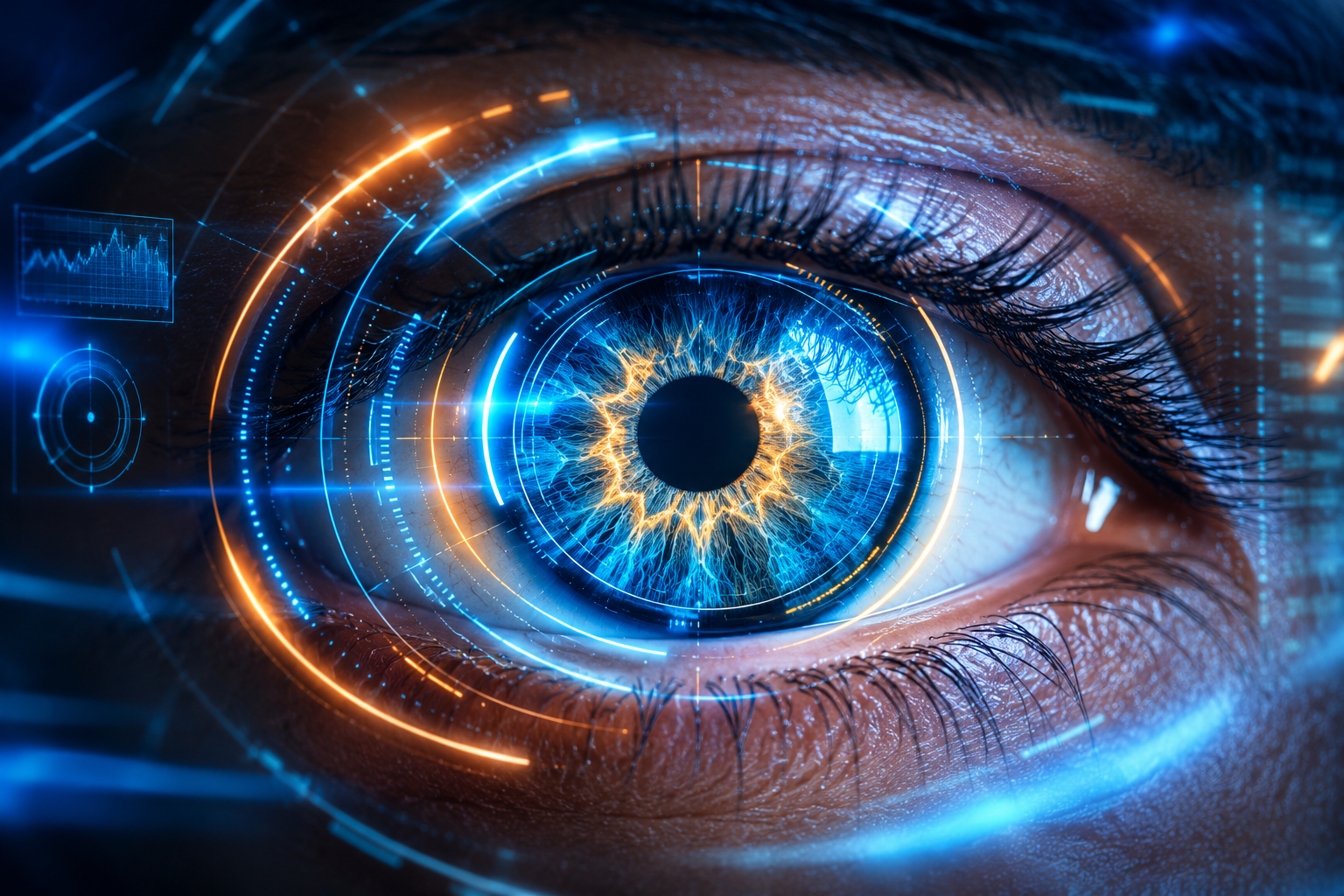 Illustration of a stylized eye with glowing mitochondria inside the cells emphasizing Mitochondrial Eye Health